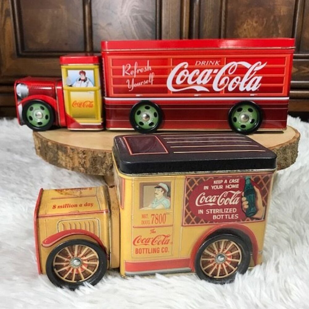 Set of 2 Vintage Coca-Cola Multi-Compartment Delivery Truck Tins Rotating Wheels